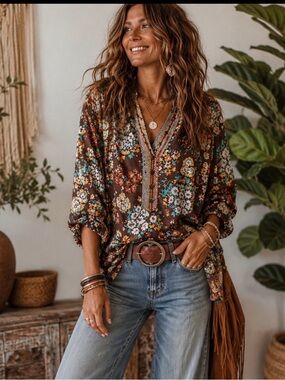 ivy jane Brown Floral Split-Neck Blouse